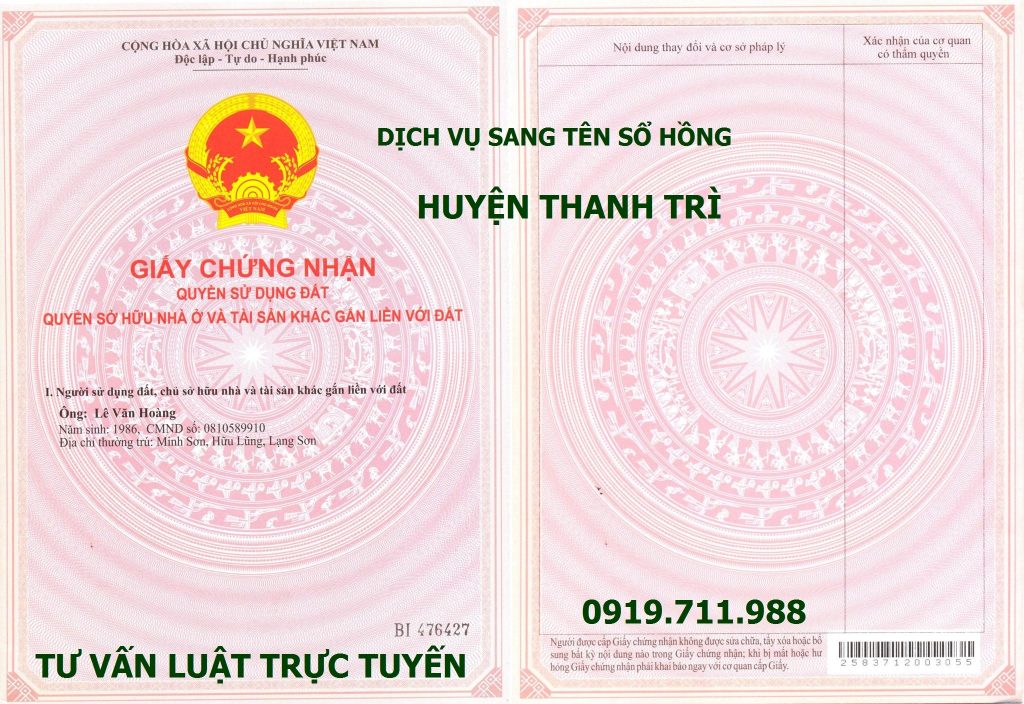 Dịch vụ sang tên sổ hồng huyện Thanh Trì nhanh gọn, giá rẻ nhất Hà Nội