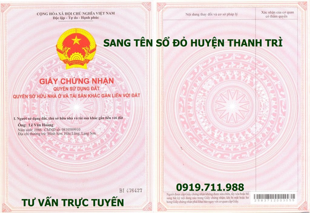 Chi phí sang tên sổ đỏ huyện Thanh Trì, dịch vụ sổ đỏ giá rẻ