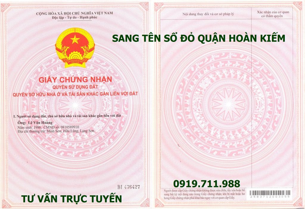 Chi phí sang tên sổ đỏ quận Hoàn Kiếm
