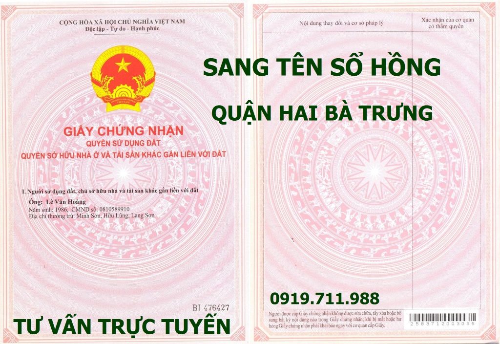 Sang tên sổ hồng quận Hai Bà Trưng